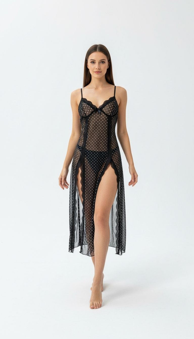 Besonderes Abendkleid mit Polka-Dots und Spitzenstreifen