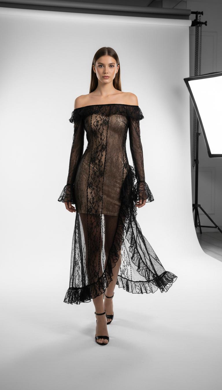 Volltransparentes schwarzes Abendkleid für Damen