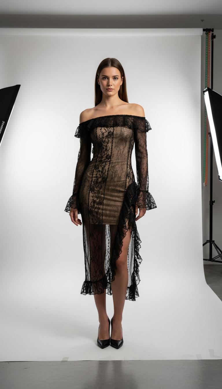 Volltransparentes schwarzes Abendkleid für Damen