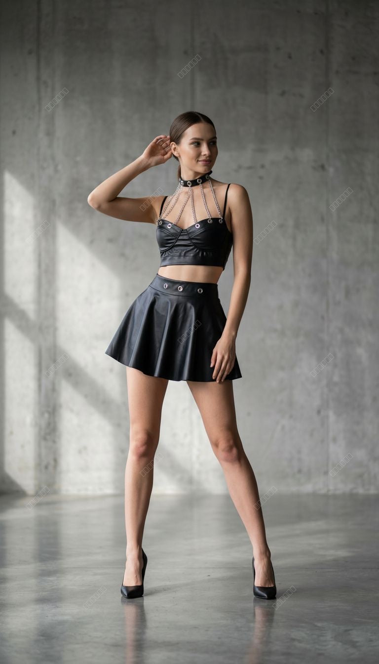 Lederrock-Bustier-Set mit Kettenaccessoires - Pose 3