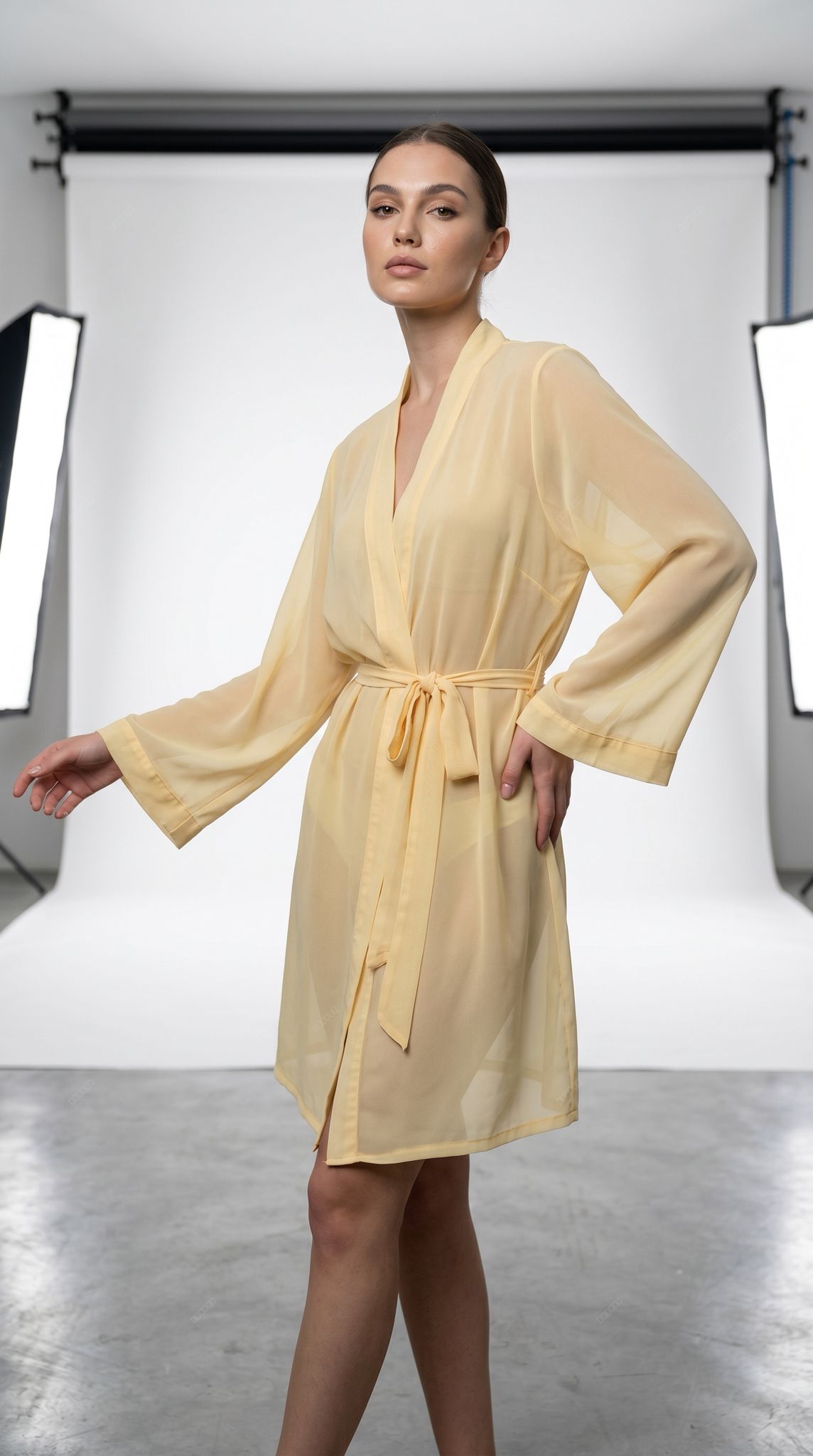 Gelber, transparenter Damen-Kimono als Strandbekleidung