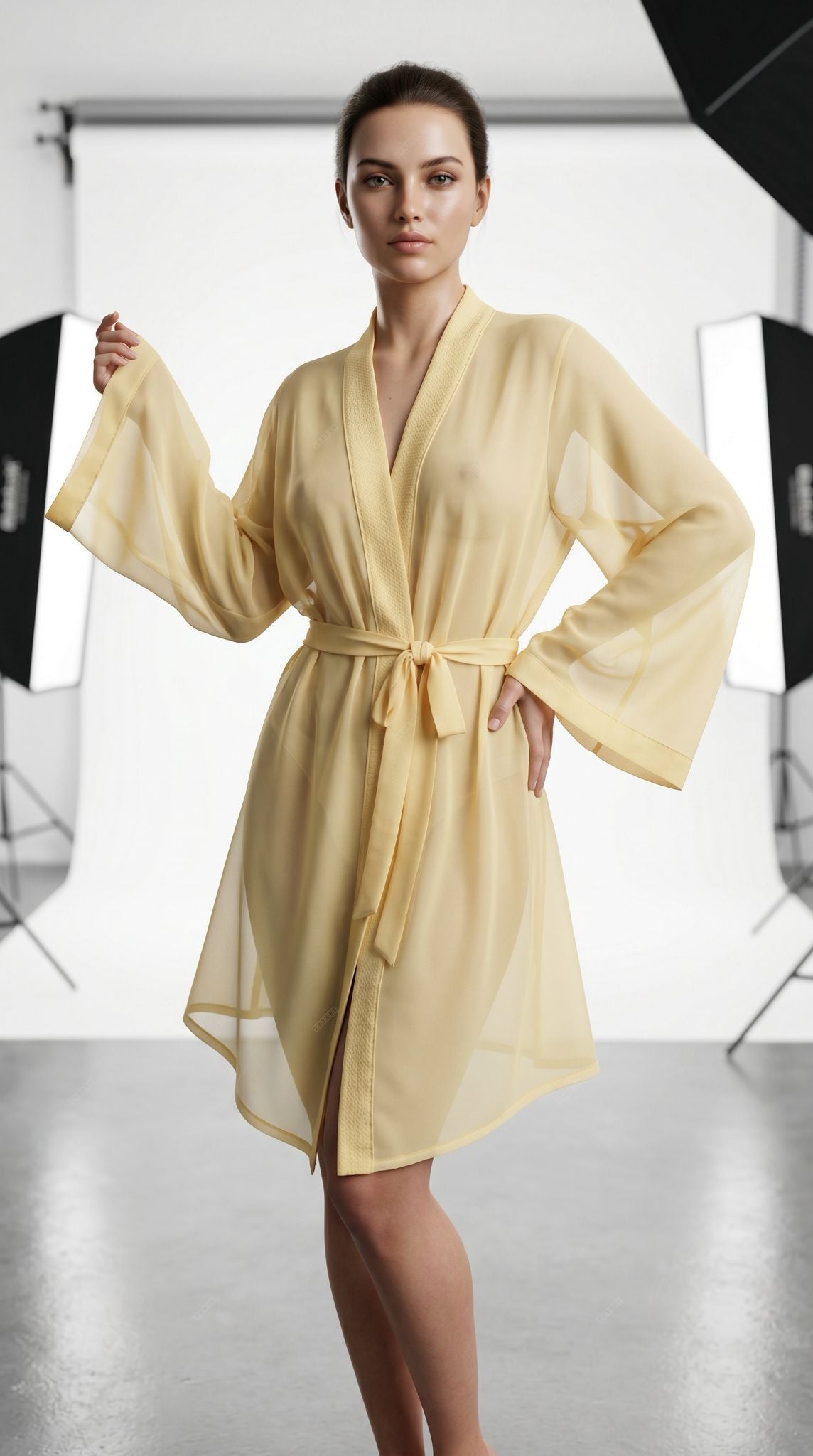 Gelber, transparenter Damen-Kimono als Strandbekleidung